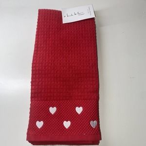 NEW NICOLE MILLER HOME 3 KITCHEN TOWELS HEARTS RED WHITE WAFFLE COTTON NWT